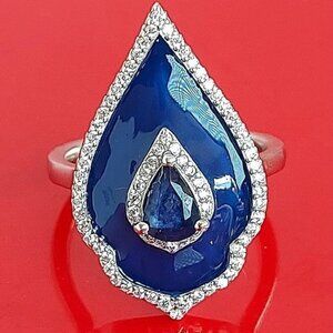 Natural Blue Sapphire 7x5mm & Cz 925 Sterling Silver Enamel‎ Ring 7.75